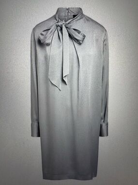 Long-Sleeve Bow-Neck Shift Dress - Gray